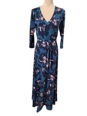 Du Jour Size S Blue w/ Lilac Color Floral Print Maxi Dress 3/4 Sleeve, Faux Wrap